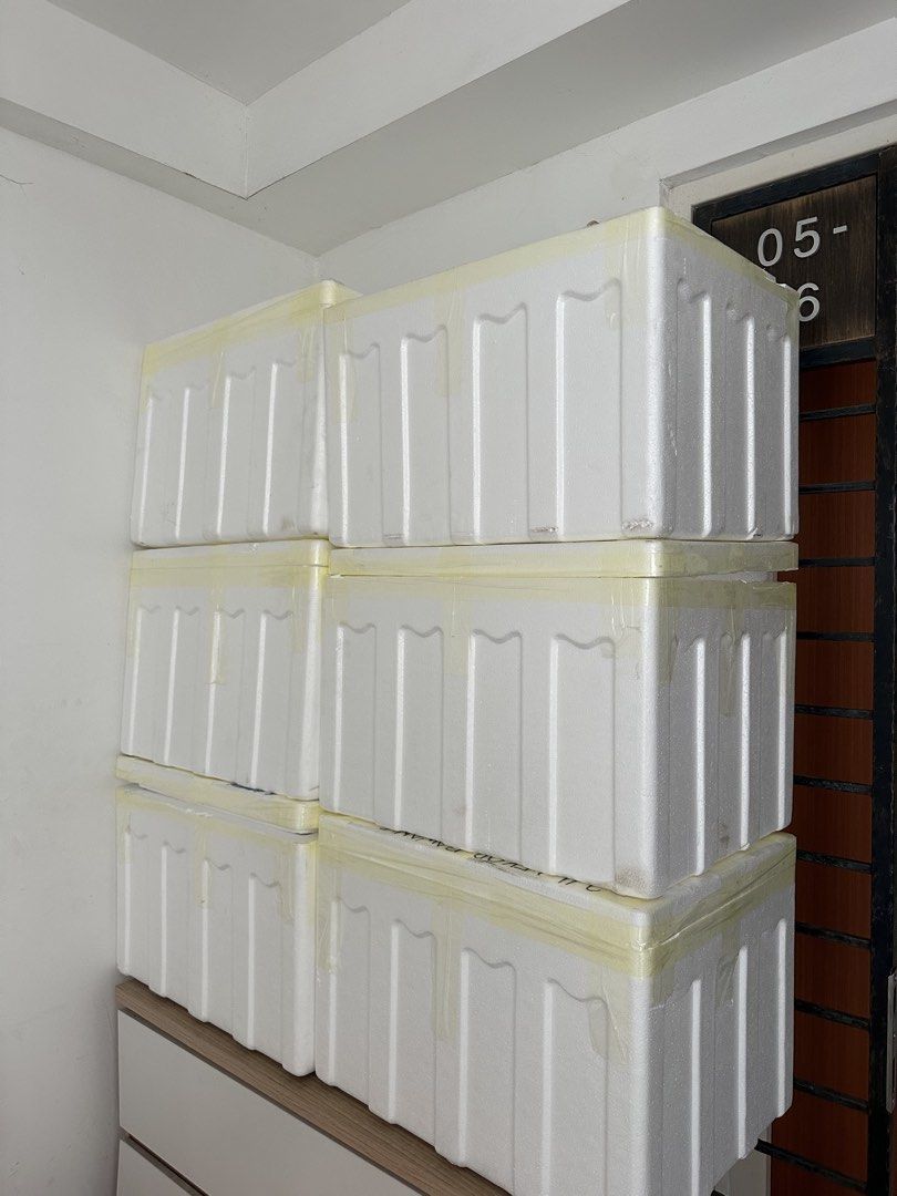 Stackable white styrofoam boxes containers storage packaging (Category: Storage Boxes & Baskets) located in Singapore. Submitted by singaporetransport (Listing ID 1470749947, Image 1). Description: - Quantity: 6 large styrofoam boxes - Color: Solid white with vertical ribbed design - Condition: Clean, some edges taped - Use: Ideal for cold storage or transport - Collection: Self-pickup preferred due to size.