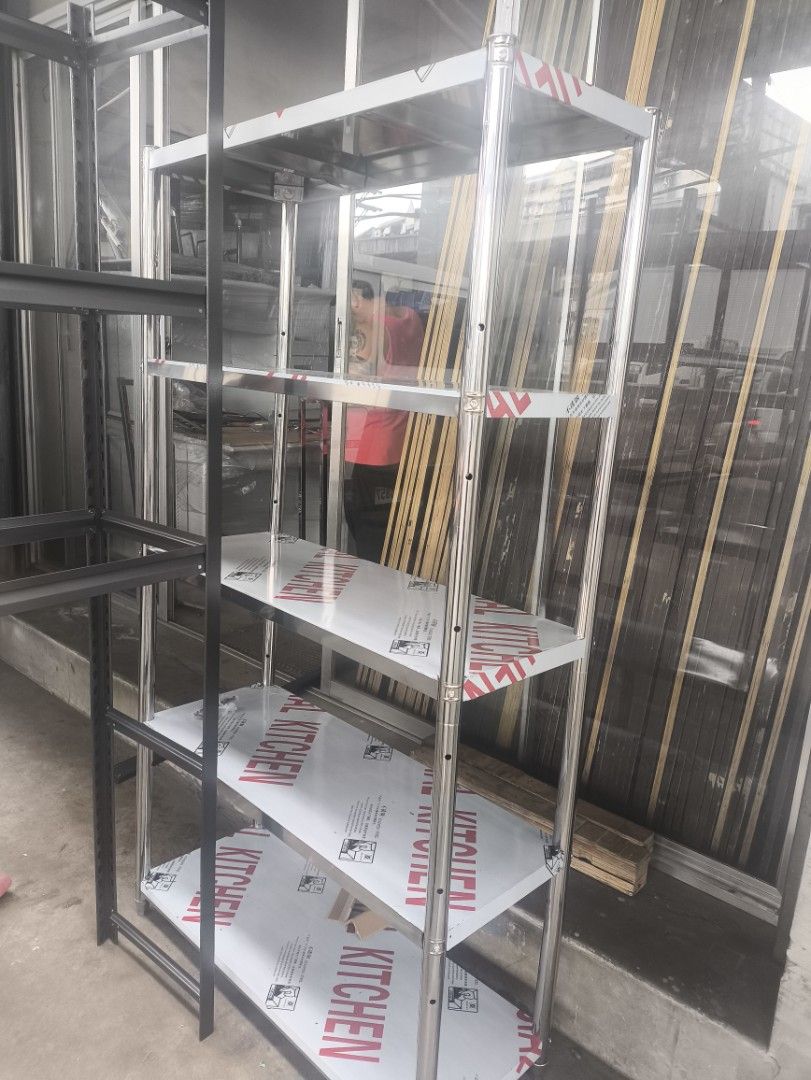 Stainless steel rack / shelves (Category: Shelves, Cabinets & Racks) located in Manila. Submitted by mmarie092523 (Listing ID 1470873851, Image 2). Description: Size: 40x100x180cm Capacity: 30-45kgs / layer Materials: stainless 202 Color: all silver.