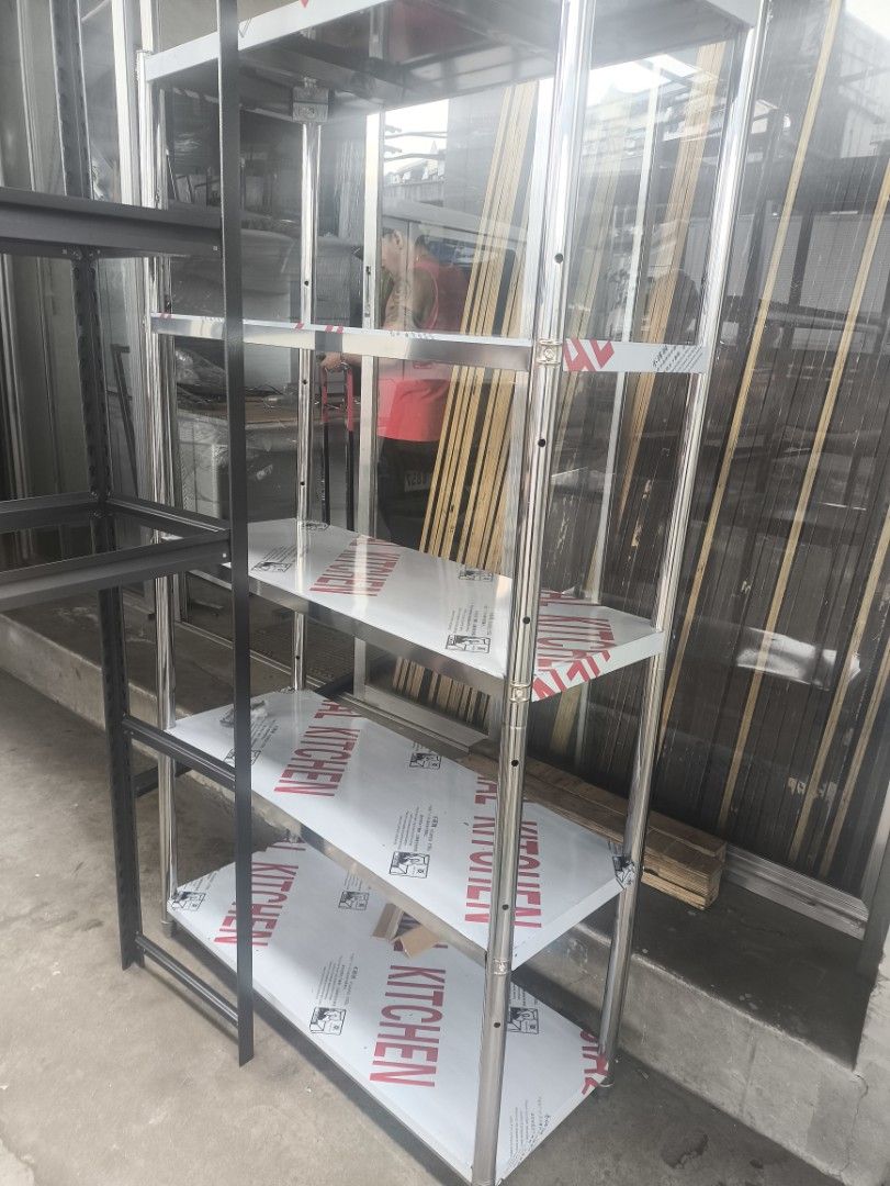 Stainless steel rack / shelves (Category: Shelves, Cabinets & Racks) located in Manila. Submitted by mmarie092523 (Listing ID 1470873851, Image 3). Description: Size: 40x100x180cm Capacity: 30-45kgs / layer Materials: stainless 202 Color: all silver.