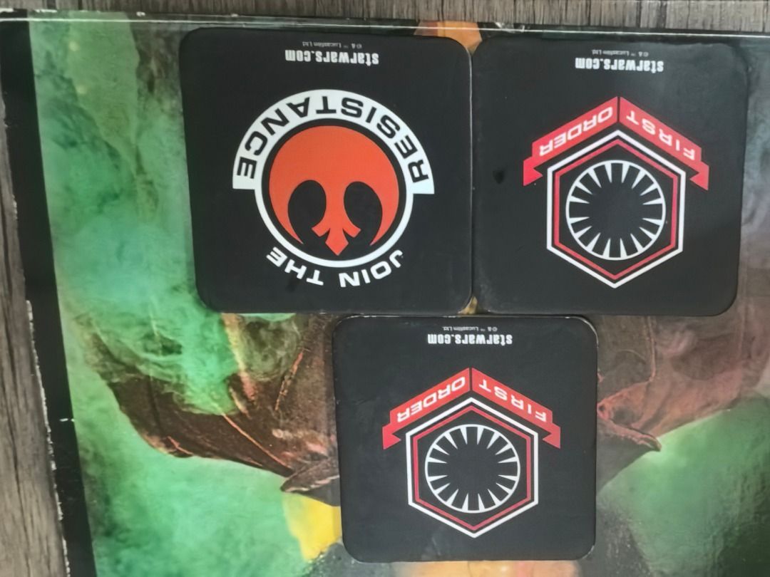 Star Wars Resistance and First Order Coasters Set (Category: Western Merchandise) located in Caloocan City. Submitted by anik_antik (Listing ID 1470852666, Image 1). Description: - Set of 3 official Star Wars drink coasters - Includes 1 Resistance ('Join the Resistance') and 2 First Order designs - Sleek black background with striking red and white details - Square shape with smooth rounded corners - Official Star Wars branding printed along the 