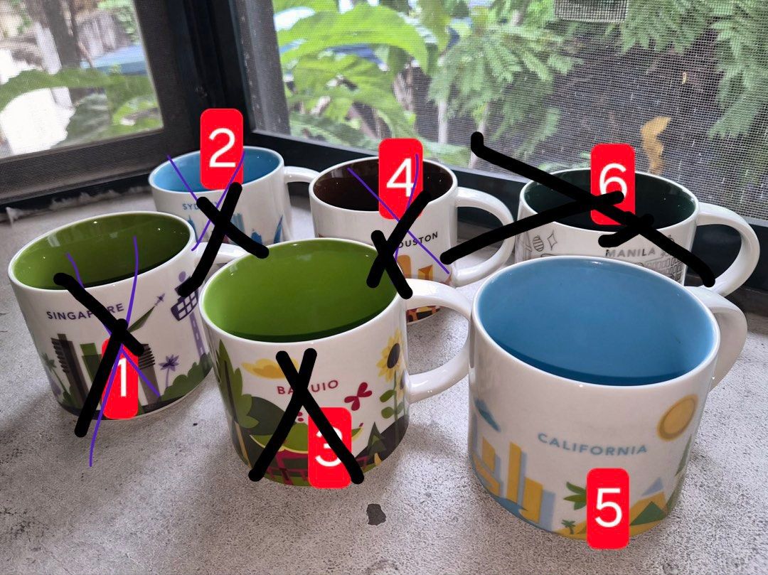 Starbucks You Are Here Collection Mugs - Various Cities (Category: Coffee & Tea Tableware) located in Caloocan City. Submitted by ryan007ong (Listing ID 1441497763, Image 1). Description: - Authentic Starbucks 'You Are Here' collection mugs. - Available cities: Baguio, California, Manila. - Each mug features unique city landmarks and designs. - Ideal for collectors or as a thoughtful gift. - Please check photos for detailed designs of each mug. .