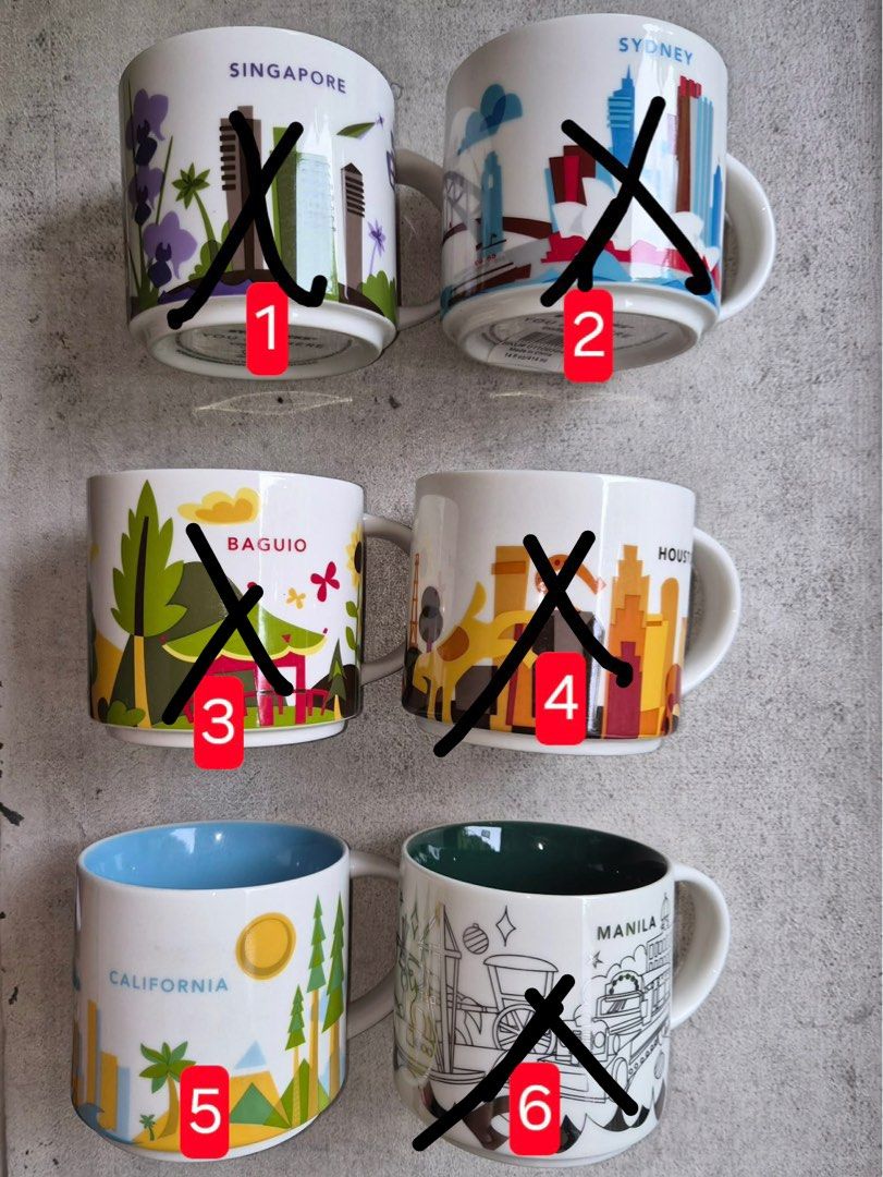 Starbucks You Are Here Collection Mugs - Various Cities (Category: Coffee & Tea Tableware) located in Caloocan City. Submitted by ryan007ong (Listing ID 1441497763, Image 2). Description: - Authentic Starbucks 'You Are Here' collection mugs. - Available cities: Baguio, California, Manila. - Each mug features unique city landmarks and designs. - Ideal for collectors or as a thoughtful gift. - Please check photos for detailed designs of each mug. .
