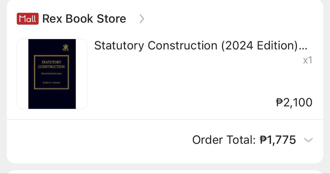 Statutory Construction 2024 Edition by Ruben E. Agpalo (Category: Textbooks) located in Manila. Submitted by eddingshara (Listing ID 1470918213, Image 1). Description: - Title: Statutory Construction, Seventh Edition (2024) - Author: Ruben E. Agpalo - Publisher: Rex Book Store - Condition: Good as new, clean copy - Barely opened XD, no highlights or pencils or any marks.