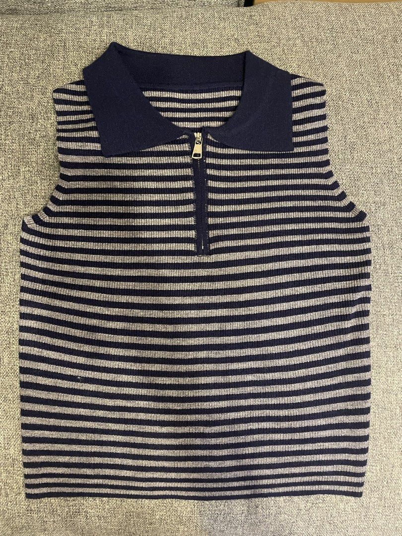Stripes Ribbed Knit Sleeveless Top (Category: Sleeveless) located in Quezon City. Submitted by mfordma (Listing ID 1470870605, Image 1). Description: BRAND NEW Originally bought for 450.00 Doing a little closet decluttering! ✨ Letting go of some pieces that are still in great condition and looking for a new home. 🤍 Brand: No Brand (from China) Size: Free size Color: Navy and Gray Description: - Very stretchable striped ribbed knit fabric - Sleev
