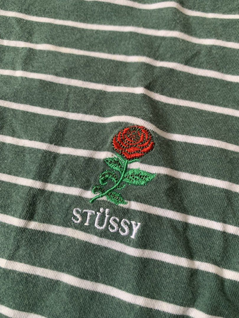 Stussy Embroidered Rose Stripe Tee (Category: Tshirts & Polo Shirts ) located in Baguio. Submitted by the_gunstore (Listing ID 1470821544, Image 2). Description: Size tagged: Issue: None Width:22 Length:29.5 Shoulder:22 Sleeve:7.5.