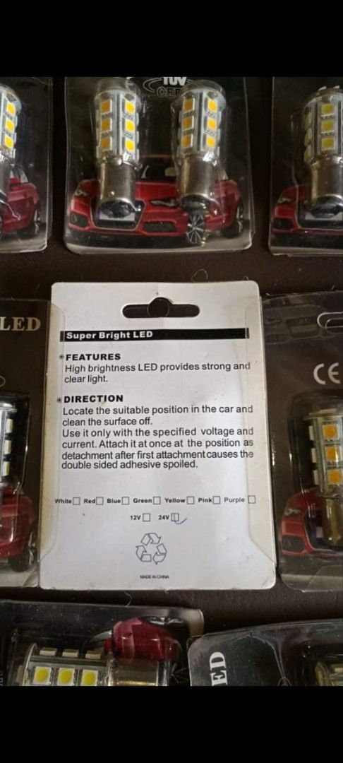 Super Bright LED Bulbs Car Light 24V (Category: Lighting) located in Taguig. Submitted by grandfish_55ab5c (Listing ID 1470877060, Image 2). Description: - Super bright LED bulbs for strong, clear illumination - 24V voltage specification - Brand new in original packaging (multiple pairs included) - Includes double-sided adhesive backing for quick and easy mounting - Made in China.