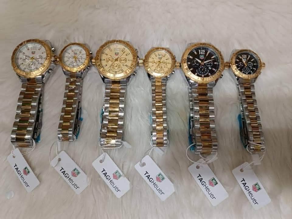 Tag Heuer Formula 1 Couple Watch Set (Category: Luxury Watches) located in Batangas. Submitted by shairapretty (Listing ID 1470885624, Image 1). Description: PRE-ORDER TAGHEUER ₱1500 PER PIECE •Mabigat •Japan Movement •Non-tarnish •Good for acidic •Hard box and ppbag - Tag Heuer Formula 1 couple watch set in elegant gold and silver tone - Matching pair featuring chronograph subdials, tachymeter bezel, and steel bracelets - Complete with presentat
