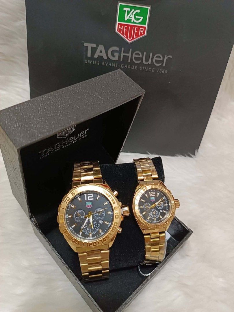 Tag Heuer Formula 1 Couple Watch Set (Category: Luxury Watches) located in Batangas. Submitted by shairapretty (Listing ID 1470885624, Image 3). Description: PRE-ORDER TAGHEUER ₱1500 PER PIECE •Mabigat •Japan Movement •Non-tarnish •Good for acidic •Hard box and ppbag - Tag Heuer Formula 1 couple watch set in elegant gold and silver tone - Matching pair featuring chronograph subdials, tachymeter bezel, and steel bracelets - Complete with presentat