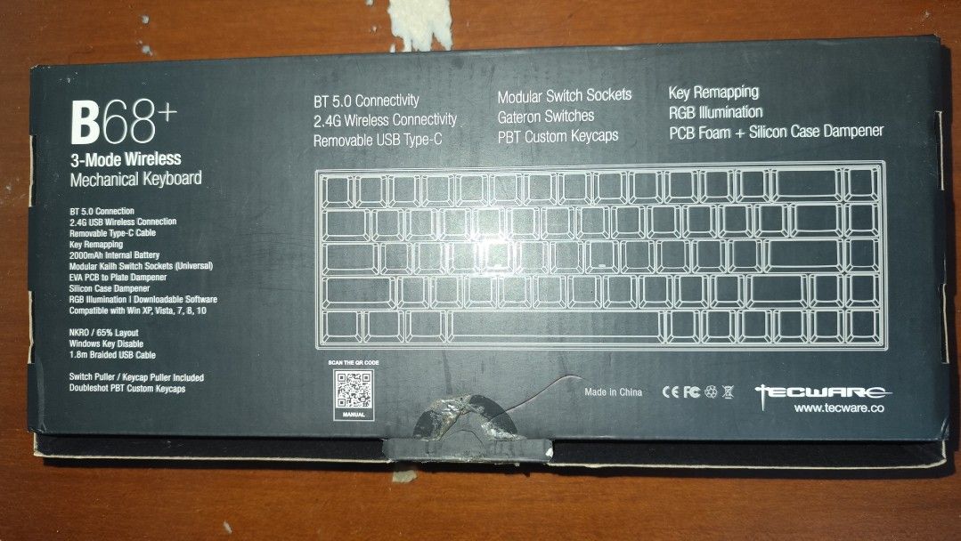 Tecware B68+ 3-Mode Wireless Mechanical Keyboard (Category: Computer Keyboard) located in Manila. Submitted by karu0 (Listing ID 1470841370, Image 1). Description: Tecware B68+ 3-Mode Wireless Mechanical Keyboard Teal & Blue custom doubleshot PBT keycaps - Layout: 65% KB - Connectivity: Bluetooth 5.0, 2.4G wireless, and removable Type-C cable - Switches: Can support 3 and 5 pin; Kailh box white clicky switches -Has Software to fine tune - Has a K
