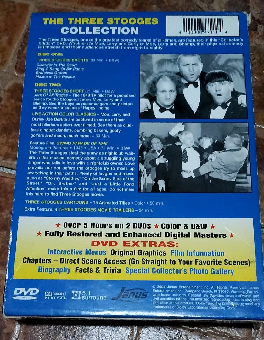 The Three Stooges Collection Special 2-Pack DVD Set (Category: CDs & DVDs) located in Quezon City. Submitted by dancatz (Listing ID 1470911877, Image 3). Description: □ P 250.00 - The Three Stooges - Special two-pack DVD set including Vol. 1 and Vol. 2 with outer slipcase - Over 5 hours of total runtime across two discs - Features iconic shorts like Disorder In The Court, Malice In The Palace, and Sing A Song Of Six Pants - Includes bonus cartoon
