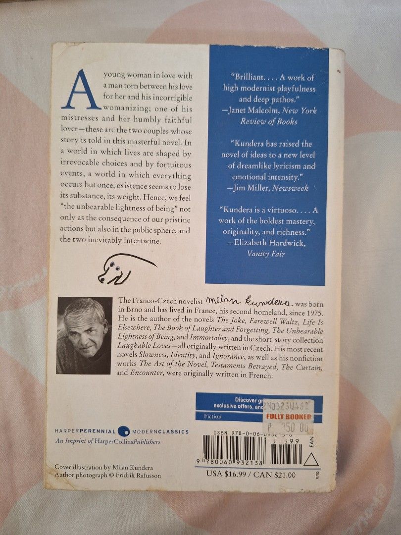 The Unbearable Lightness of Being by Milan Kundera (Category: Storybooks) located in Makati City. Submitted by bluecatmelody (Listing ID 1470811129, Image 2). Description: negotiable .