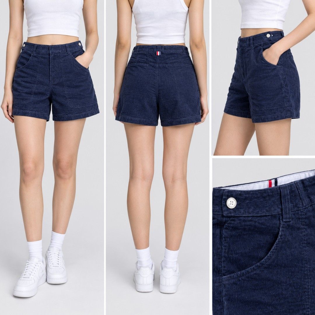 Thom Browne Navy Corduroy Shorts Size 1 (Category: Shorts) located in Manila. Submitted by yaot_archive (Listing ID 1468977523, Image 1). Description: - Brand: Thom Browne - Color: Navy Blue - Material: 100% Cotton corduroy, soft ribbed texture - Origin: Made in Japan - Size: Tagged Size 1 - Details: Classic tri-color grosgrain loop tab at back waist, button side adjusters, front and back patch pockets - Condition: High-quality construction with 