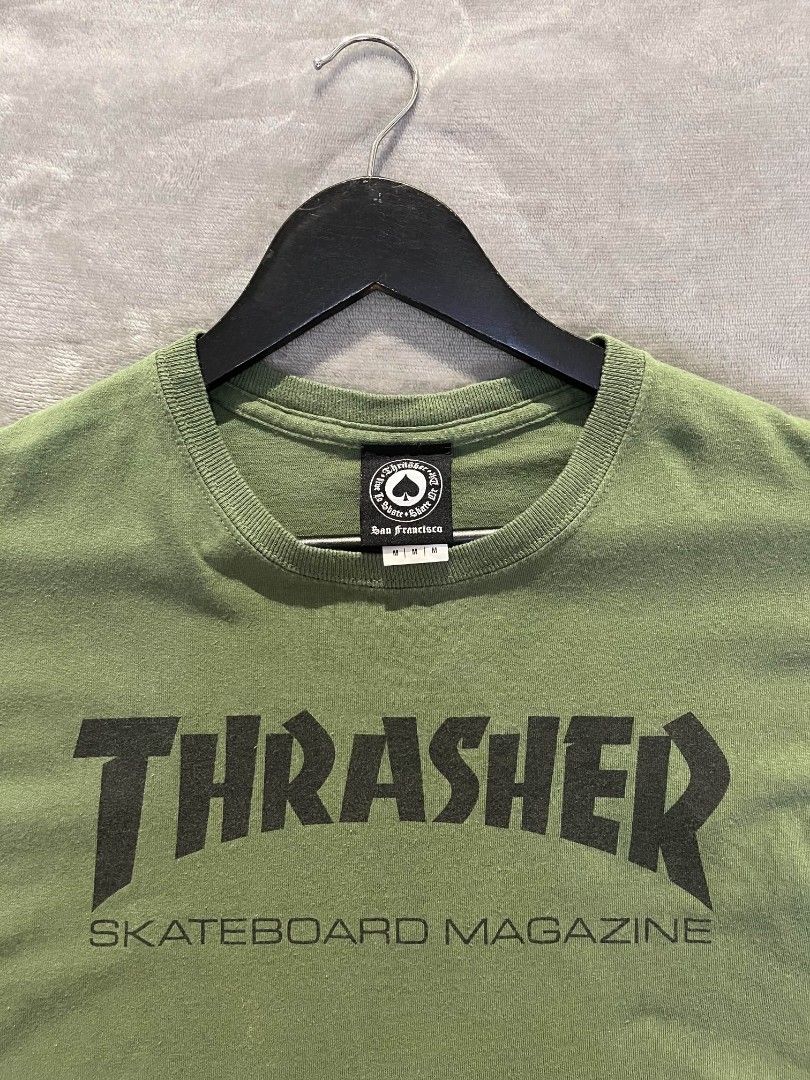 Thrasher Skate Mag T-shirt (Category: Activewear) located in Manila. Submitted by zenwind_3cdc42 (Listing ID 1470816910, Image 2). Description: Thrasher Skate Mag T-Shirt Army Green • Pre-shrunk cotton • Very Good Condition 9/10 • Dimension 28x19.5 { Medium } • Ship via j&t // flash DM me to claim.