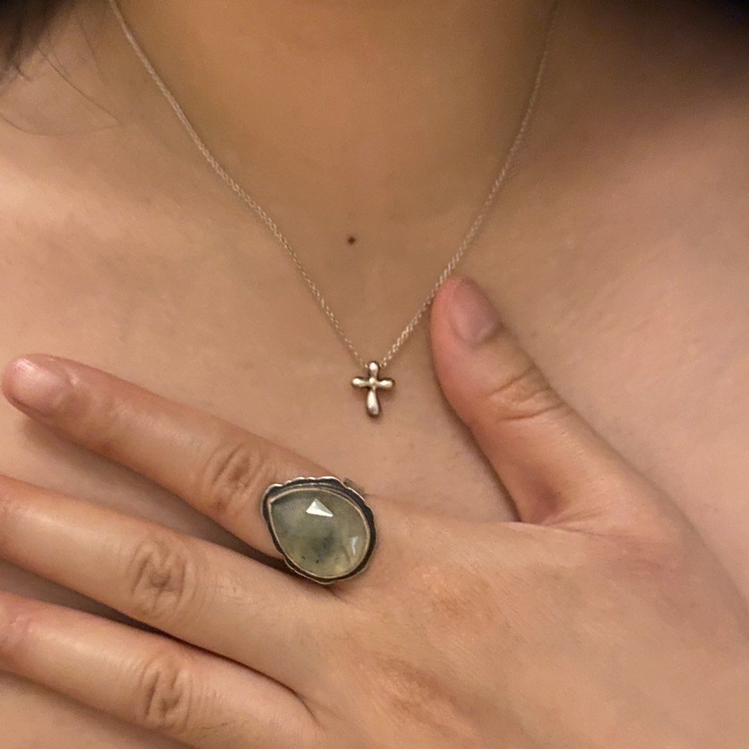 Tiffany & Co cross necklace + prehnite ring (Category: Necklaces) located in Mandaluyong City. Submitted by tinytrinket (Listing ID 1470914713, Image 2). Description: - Tiffany & Co. x Elsa Peretti sterling silver cross pendant 12mm long and 9.5mm wide on a 16” chain (no more box just pouch) - handmade sterling silver prehnite gemstone ring.