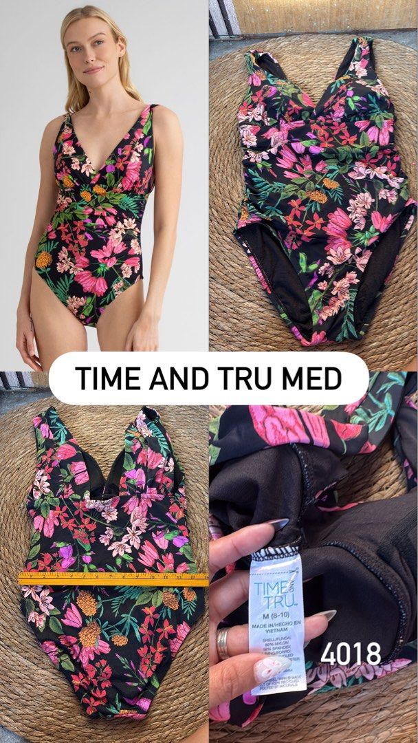 Time and tru (Category: Bikinis & Swimsuits) located in Malabon City. Submitted by lheithriftshop (Listing ID 1470806965, Image 2). Description: image shows a Time and Tru Women’s and Women’s Plus Plunge V-Neck One-Piece Swimsuit in a black and pink tropical floral print..