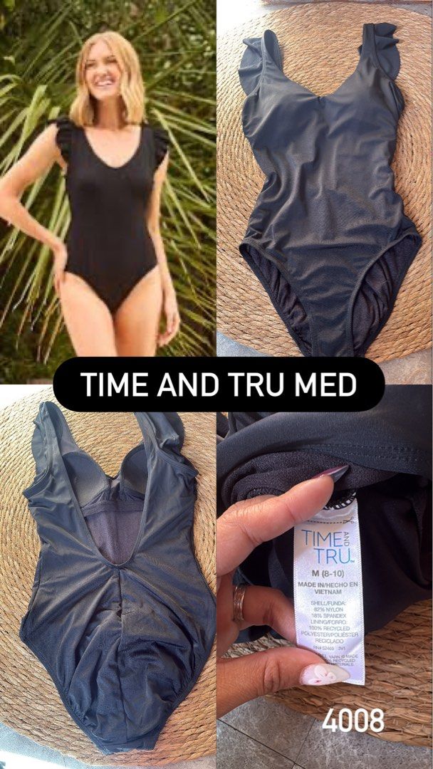 Time and true med (Category: Bikinis & Swimsuits) located in Malabon City. Submitted by lheithriftshop (Listing ID 1470794710, Image 2). Description: The image shows a Black Ruffle One-Piece Swimsuit with a V-neckline and ruffled shoulder straps.