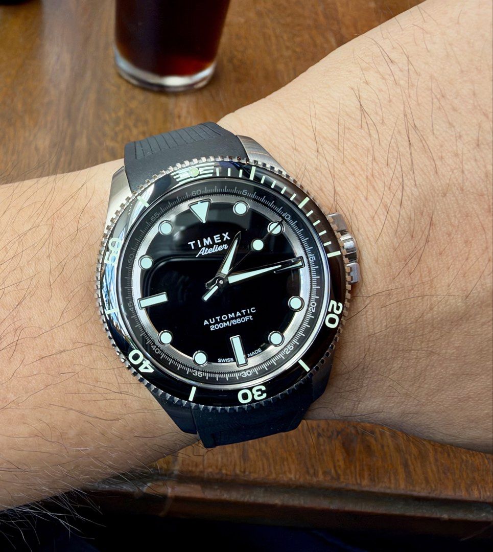 Timex Atelier Marine M1A (Category: Men's Watches) located in Taguig. Submitted by watchgeekmnl (Listing ID 1470790259, Image 3). Description: - Model: Timex Atelier Marine M1A Automatic Dive Watch - Condition: Brand New - Movement: Swiss made automatic - Water Resistance: 200 meters - Features: Black dial, rotating bezel, luminous markers and hands - Strap: Comfortable black rubber strap - Inclusions: Original presentation box included.