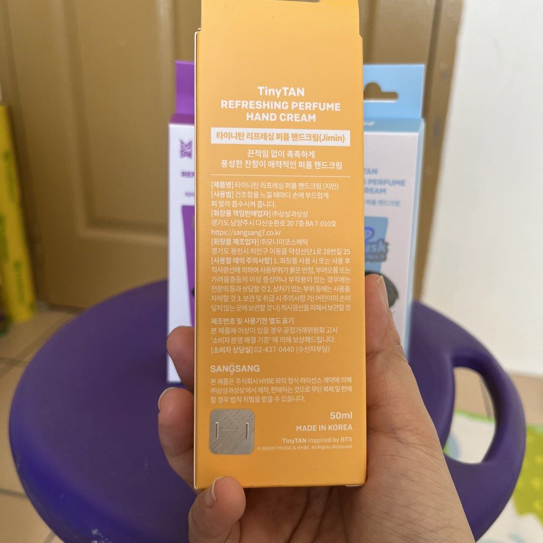 TinyTAN Refreshing Perfume Hand Cream BTS Jimin Jungkook V (Category: Hands & Nails) located in Marikina City. Submitted by senandash (Listing ID 1470762247, Image 2). Description: - Official BTS TinyTAN refreshing perfume hand cream set - Includes 3 variants: Sweet Peach (Jimin), Baby Cotton (Jung Kook), Deep Musk (V) - Size: 50ml per tube - Made in Korea - 100% official licensed merchandise by Hybe - Condition: Brand new in original packaging b
