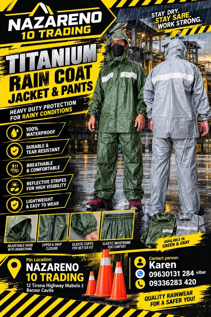 TITANIUM TRAIN COAT JACKET AND PANTS (Category: Looking For) located in Bacoor. Submitted by kajezame.2021 (Listing ID 1470791687, Image 1). Description: TITANIUM TRAIN COAT JACKET AND PANTS For More Details and Discount Contact Ms. Karen NAZARENO 10 TRADING 0963 0131 284 0933 6283 420 0956 7028 557 0933 8559 510 Landline: Look for Ms. Karen (046 ) 416 3920 Also available: • Traffic cone • Parking Block stopper • Hooded trash bin • Road Plastic B