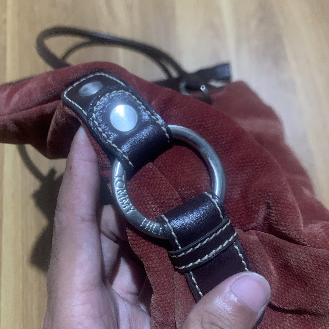 Tommy Hilfiger Burgundy Suede (Category: Shoulder Bags) located in Calauan. Submitted by randomthrift.womens (Listing ID 1470888071, Image 3). Description: Tommy Hilfiger burgundy suede leather tote bag with brown leather trim .