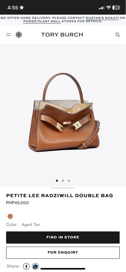 Tory Burch Petite Lee Radziwill Double Bag Aged Tan (Category: Luxury Bags & Wallets) located in Manila. Submitted by sharmatine97049 (Listing ID 1470875706, Image 1). Description: Tory Burch Petite Lee Radziwill Double Bag in aged tan leather. Structured shape with signature lock hardware and top handle. Includes detachable shoulder strap. Gold-tone hardware details throughout. Interior features multiple compartments and card slots. Clean lining