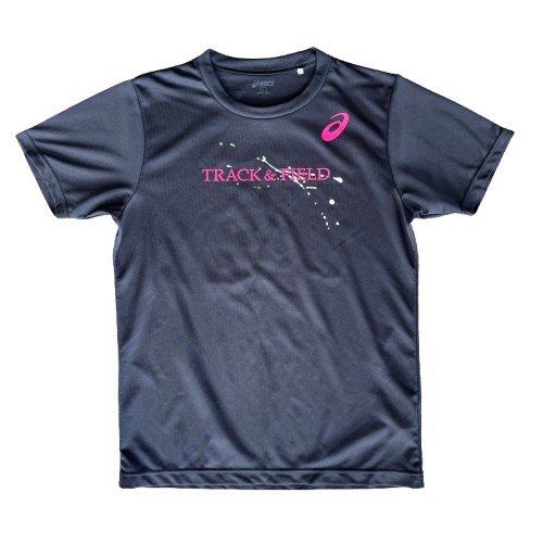 Track and field asics running tee (Category: Activewear) located in Caloocan City. Submitted by landcruiser76__ (Listing ID 1470779491, Image 1). Description: - Brand: Asics - Color: Dark grey with pink and white graphic - Design: Pink chest logo, track and field graphic with paint splatter details - Fit: Short sleeves, classic crew neckline - Material: Lightweight performance fabric - Best for: Running, workouts, training sessions, and activewea