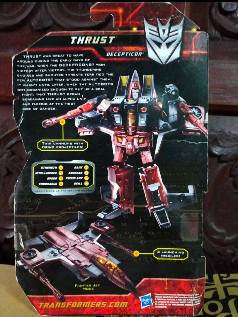 Transformers Generations Thrust Deluxe Class (Category: Action & Battle Toys) located in Manila. Submitted by sug0it0ys (Listing ID 1470773083, Image 2). Description: *Kindly read before messaging offers. Click on the ad to see full details. No Trades ❌ Pass on Low offers ❌ No Long Reservations ❌ ================= Hasbro Transformers Generations Thrust Deluxe Class *2010 release *SEALED *ISSUE: - creases ======= *Free shipping via LBC Payment Met