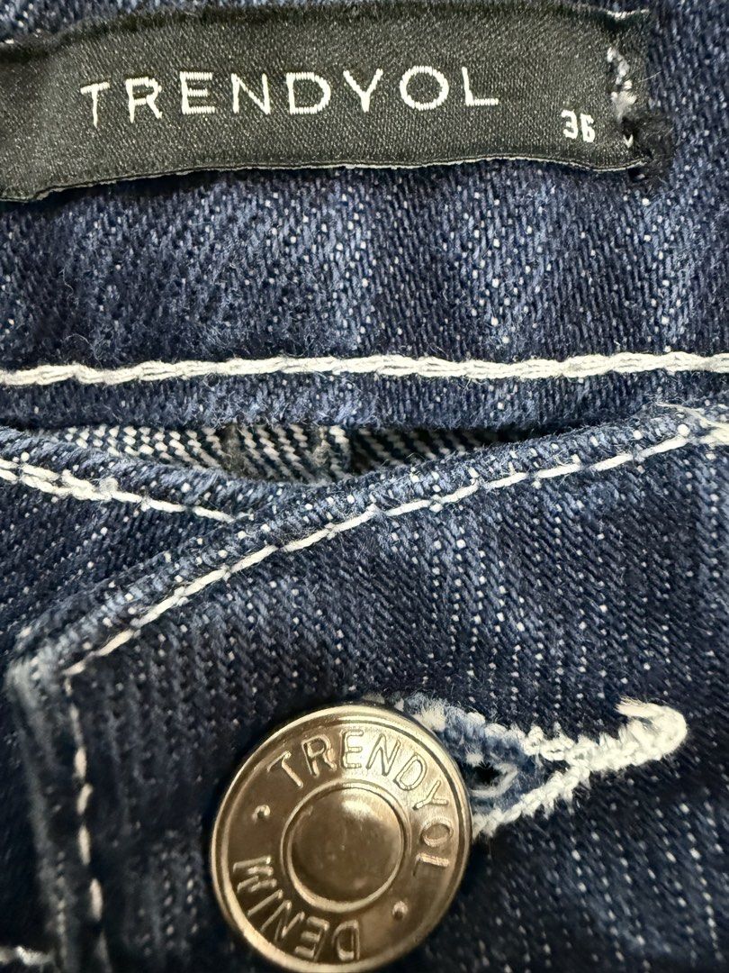 Trendyol Dark Blue Denim Jeans Size 36 (Category: Jeans) located in Taguig. Submitted by bau375 (Listing ID 1470793457, Image 2). Description: - Brand: Trendyol - Size: 36 - Color: Dark blue denim with contrast white stitching - Fit: Classic straight leg - Details: Metal button closure with branding, standard five-pocket styling - Condition/Quality: Sturdy, durable fabric - Style: Versatile staple, easy to pair with tees or jackets.