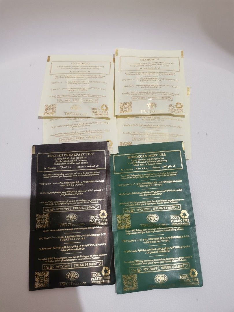 TWG tea 8 pieces (Category: Beverages) located in Quezon City. Submitted by declutter68112 (Listing ID 1470789264, Image 2). Description: 8 pieces of TWG tea Moroccan Mint 2 pieces English Breakfast - 2 pieces Chamomile - 4 pieces.
