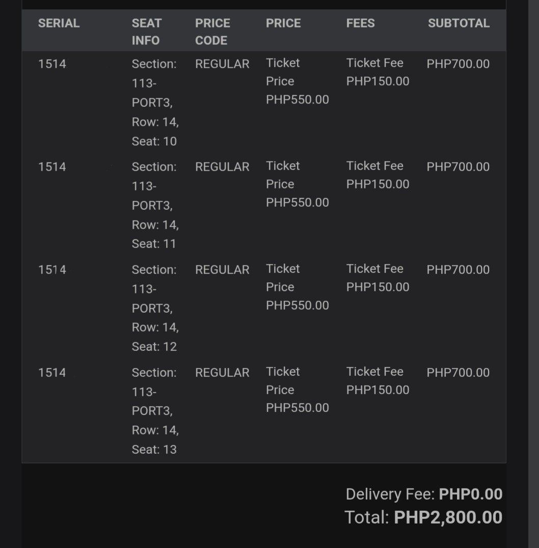 UAAP89 MEN'S: NU vs UST, Sat, Oct 31, 2:30 PM (Category: Events Tickets) located in Quezon City. Submitted by bravedragon.3db54d (Listing ID 1470891640, Image 1). Description: - Was supposed to buy tickets for the ADMU vs DLSU but instead bought these by mistake - Selling as a complete set of 4 tickets only - Section 113, Port 3, Row 14, Seats 10, 11, 12, and 13 - Pricing: PHP550 face value + PHP150 ticket fee per ticket - Total Price: PHP2,800 f