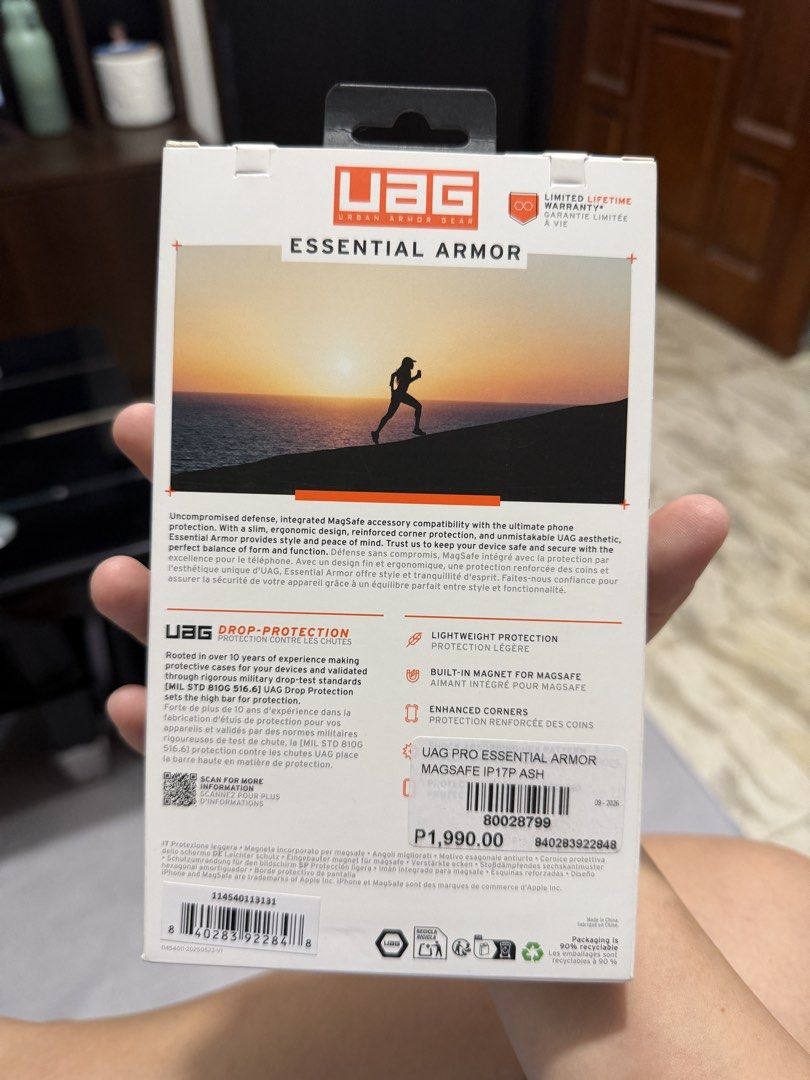 UAG Essential 17 pro (Category: Cases & Sleeves) located in Bacoor. Submitted by alrtf (Listing ID 1470805375, Image 2). Description: - Brand: UAG (Urban Armor Gear) - Model: Pro Essential Armor MagSafe Case - Compatibility: iPhone 17 Pro - Color: Ash (Translucent Design) - Drop Protection: Up to 15 ft / 4.6M (MIL-STD 810G 516.6) - Features: Built-in magnet for MagSafe, lightweight construction, enhanced corners, and slim ergonomic design - Condi