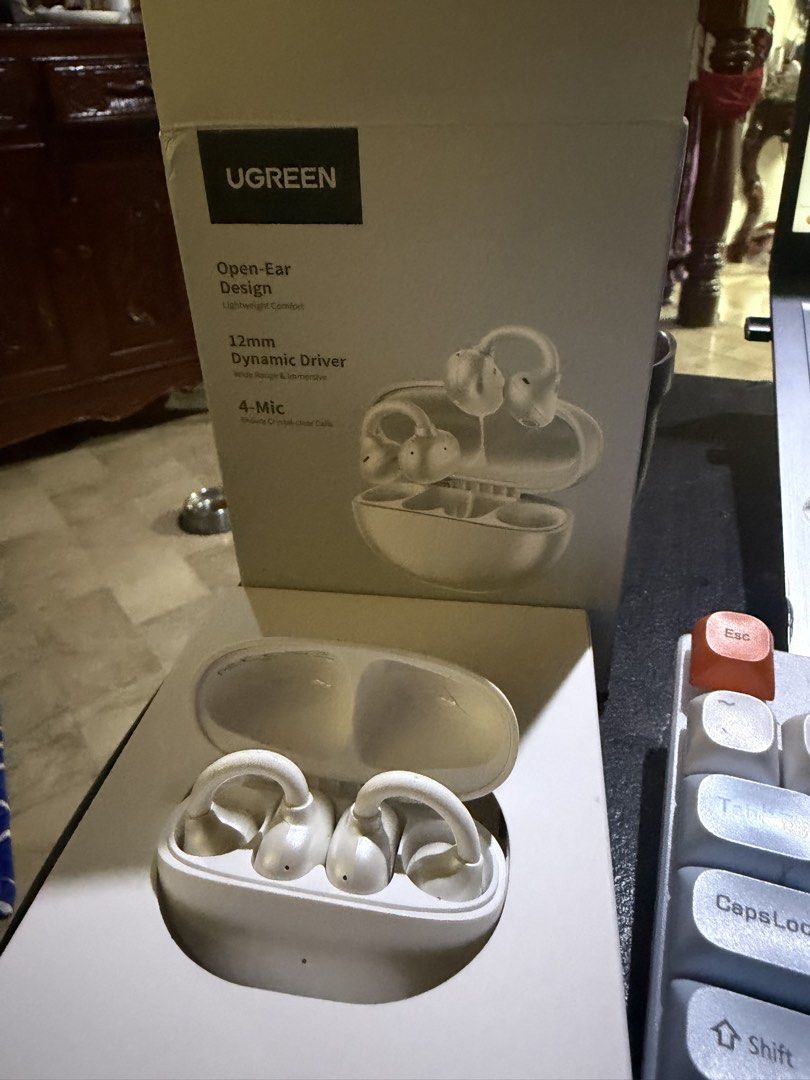 UGREEN Open-Ear Wireless Earbuds with 12mm Dynamic Driver (Category: Earphones) located in Rizal. Submitted by katcascloset (Listing ID 1470746021, Image 3). Description: - Brand: UGREEN - Model: Open-Ear Wireless Earbuds (White) - Design: Open-ear design for lightweight, all-day comfort - Sound: 12mm dynamic drivers deliver a wide range and immersive audio - Calls: Built-in 4-mic system ensures crystal-clear voice quality - Inclusions: Complete 