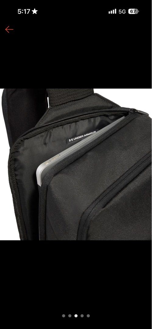 Under Armour Black Sling Bag Crossbody Backpack (Category: Sling Bags) located in Manila. Submitted by kazoo1490 (Listing ID 1470782570, Image 2). Description: - Brand: Under Armour - Color: Classic Black with sleek front patch logo - Material: Highly durable fabric construction - Comfort: Padded mesh back panel for maximum airflow - Storage: Roomy main compartment with smooth zipper and dedicated internal sleeve for a laptop or tablet - Fit: Sin