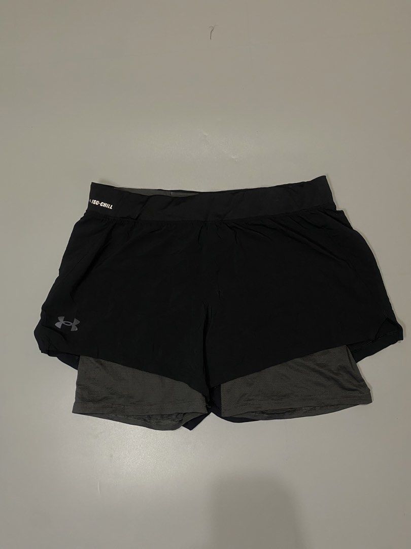 Under Armour Iso-Chill HeatGear 2-in-1 Running Shorts MD (Category: Activewear) located in Davao. Submitted by brandedthrift.134 (Listing ID 1470899708, Image 1). Description: - Brand: Under Armour - Item: Iso-Chill Running Shorts with built-in compression liner - Color: Black (outer) / Grey (liner) - Size: Medium (Fitted style) - Technology: HeatGear keeps you cool during intense workouts - Features: Adjustable drawstring waist with UA Run brand