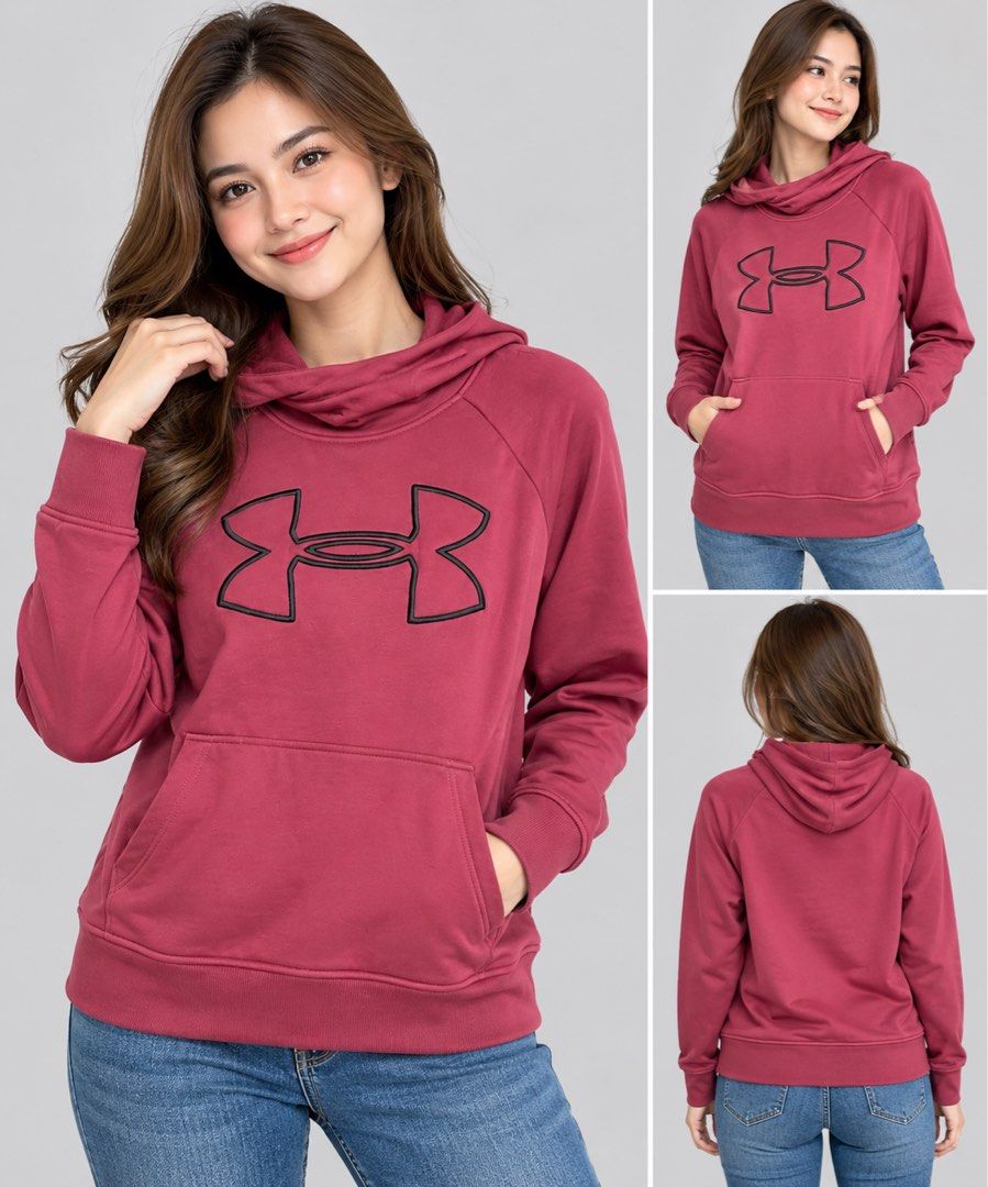Under Armour Maroon Hoodie (Category: Hoodies) located in Bacoor. Submitted by goodfinds02 (Listing ID 1470864233, Image 2). Description: - Brand: Under Armour - Color: Maroon with a big black logo on the chest - Design: Funnel neck hood, front pouch pocket, and raglan sleeves - Interior: Soft fleece lining for extra warmth and comfort - Condition/Use: Great for casual workouts or everyday chill days.