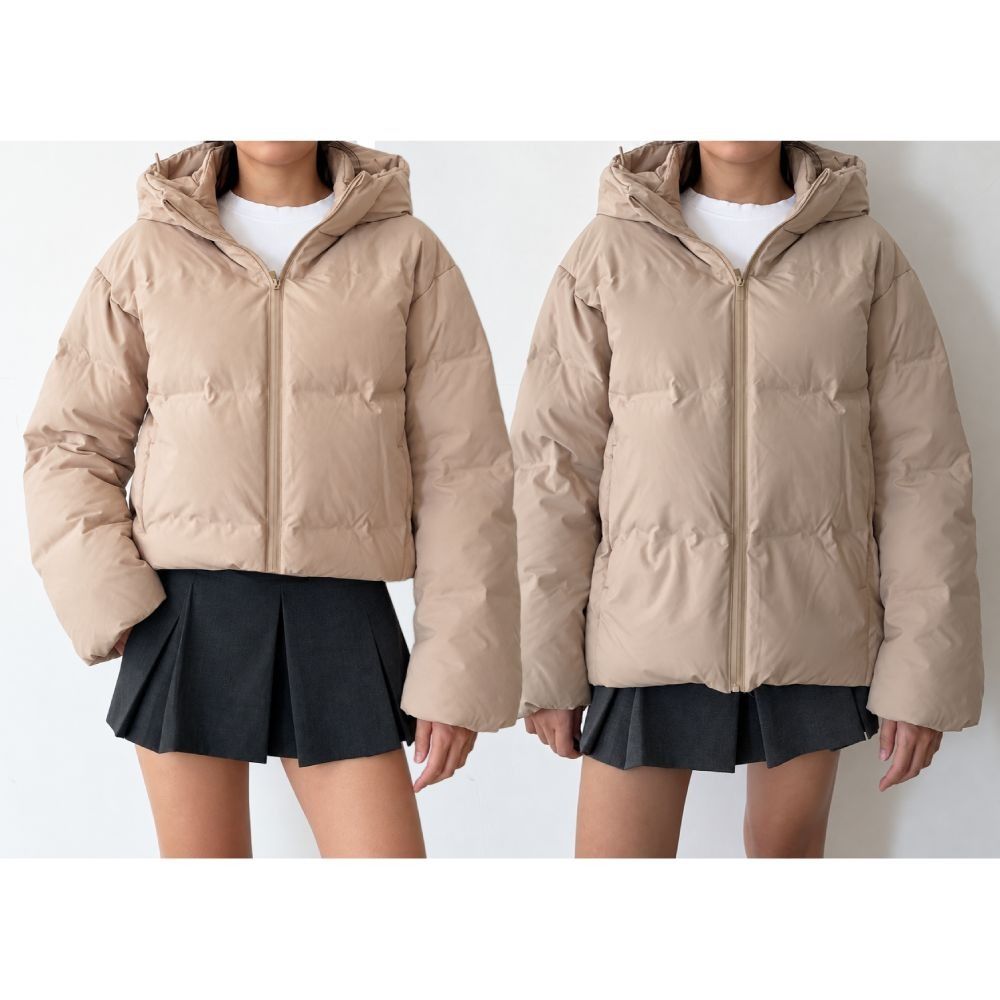 UNIQLO Beige Seamless Down Parka Puffer Jacket Size Small (Category: Coats, Jackets and Outerwear) located in Davao. Submitted by carinescloset (Listing ID 1470829352, Image 1). Description: UNIQLO Seamless Puffer Jacket • Size Small • Model reference: XS, 25” waist, 5’0” • Features an elasticized drawstring hem that lets you adjust the fit for a more cropped look • Brand new with tag • With minimal dirt as this was the last piece/stock available