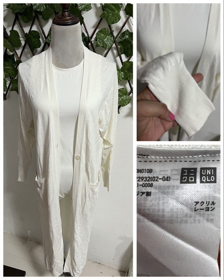 Uniqlo Long Cardigan White (Category: Coats, Jackets and Outerwear) located in Imus. Submitted by yshamel (Listing ID 1470747324, Image 1). Description: - Brand: Uniqlo - Color: White - Style: Long knit cardigan with open front and front buttons - Pockets: Two functional side pockets - Details: Ribbed cuffs on long sleeves - Material: Lightweight acrylic and rayon blend - Fit/Use: Versatile layering piece for everyday outfits.