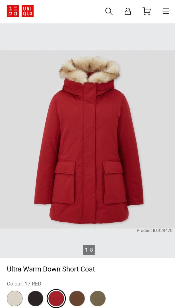 Uniqlo Ultra Warm Down Short Coat Red (Category: Coats, Jackets and Outerwear) located in Caloocan City. Submitted by conjestion (Listing ID 1470808401, Image 1). Description: - Brand: Uniqlo - Item: Ultra Warm Down Short Coat - Color: Red - Size: L (fits true to size) - Hood: Features removable faux fur trim - Lining: Fully lined with soft, cozy reddish faux fur inside - Closure: Front zipper and button closure - Pockets: Deep front pockets with
