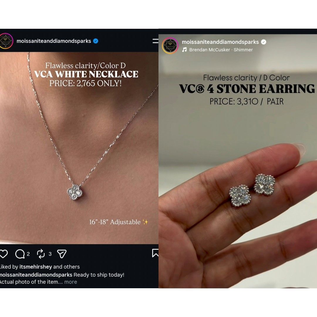 VCA White Necklace and Earring Set Authentic Moisannite Stone (Category: Necklaces) located in Pasig City. Submitted by enis.closet (Listing ID 1470906831, Image 1). Description: bought in Moissaniteanddiamondsparks Authentic bought 6,000 for sale only 3500 set - Matching VCA white necklace and 4-stone earring set - Flawless clarity and D color stones - Adjustable necklace chain (16 to 18 inches) - Earrings included as a pair - Actual photos post