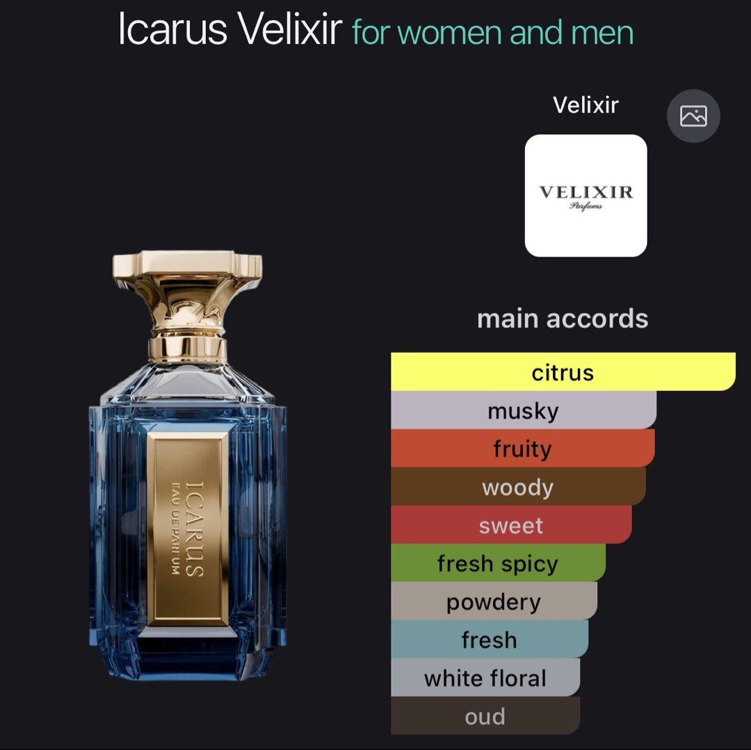 Velixir Icarus (Category: Fragrance & Deodorants) located in Mandaluyong City. Submitted by slntslph (Listing ID 1470899314, Image 2). Description: For Sale / Selling: Velixir Icarus BNIB (sealed) Legit / Authentic / Original Money Back Guaranteed if proven Fake Mandaluyong Pickup Lalamove / LBC / J&T available Can do shipping at buyers expense IG: @silentsoleph.
