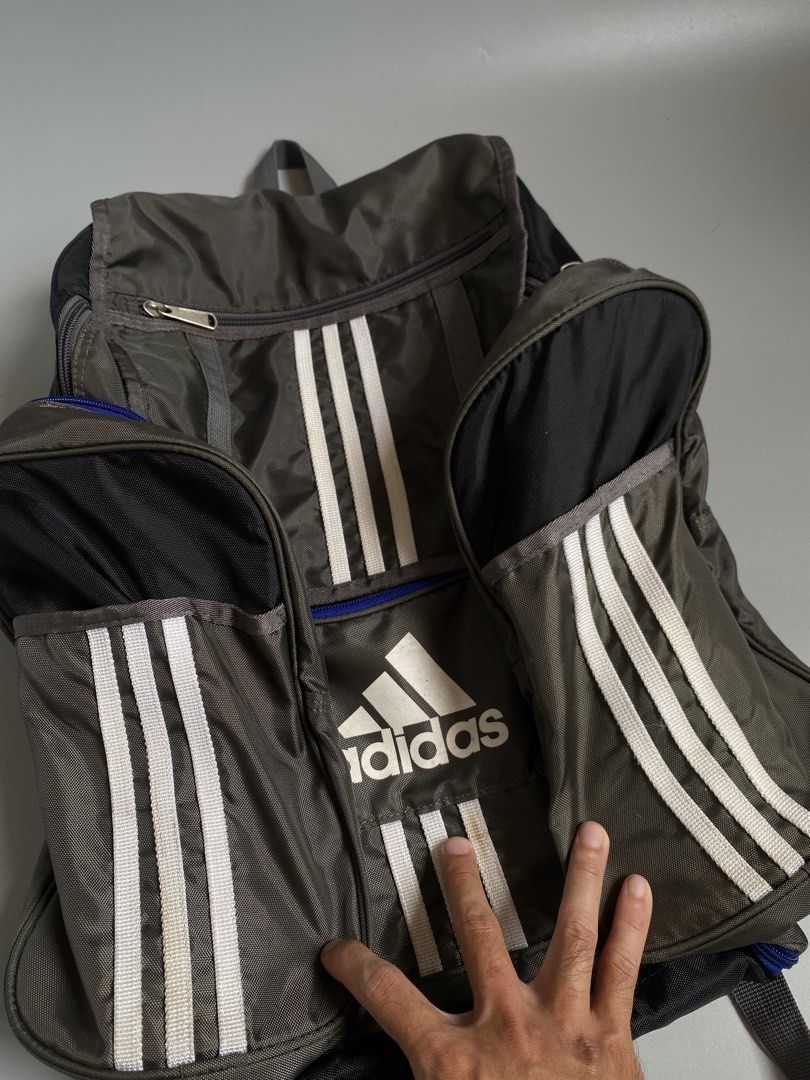 Vintage Adidas Gray and Blue Backpack with Three Stripes (Category: Backpacks) located in Cavite. Submitted by awuuu27 (Listing ID 1470747017, Image 3). Description: @D!D@S Backpack Bag 💎 CONDITION: 9/10 COLOR RATE: 9/10 ISSUE: needwash, sunfade(back part only) .