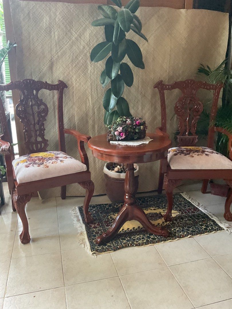 Vintage coffee table set (Category: Other Home Furniture) located in Pasig City. Submitted by fashionistamood (Listing ID 1470818861, Image 1). Description: Pair of vintage rare chippendale chairs newly upholstered in elegant floral fabric .and a coffee table (made of narra) .