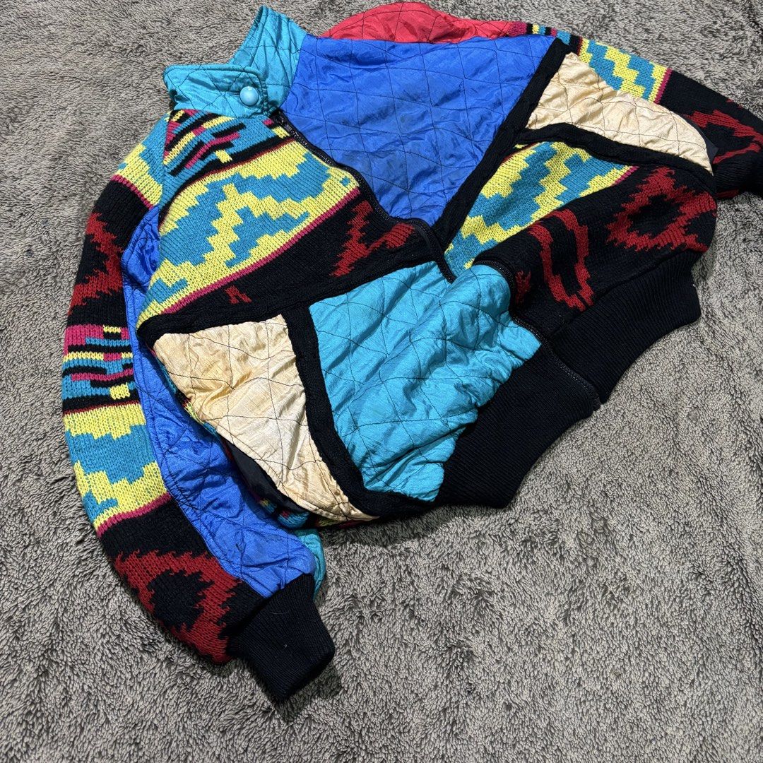 Vintage Knit x Windbreaker Aztec Jacket (Category: Coats, Jackets and Outerwear) located in La Trinidad. Submitted by lygin (Listing ID 1470824322, Image 3). Description: Price : 100 Pesos Brand : Sabrina Type : Vintage Knit x Windbreaker Aztec Jacket Size: Medium-Large Width : 25” Length : 27” Condition : Excellent Color rate : 10/10 PS : Uncommon Colorway and Rare Design For this piece with a vintage retro vibe 🫶🏻 - Color May Vary Due To Ligh