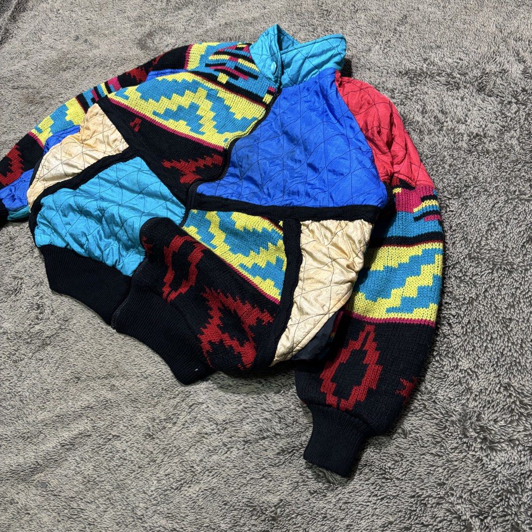Vintage Knit x Windbreaker Aztec Jacket (Category: Coats, Jackets and Outerwear) located in La Trinidad. Submitted by lygin (Listing ID 1470824322, Image 2). Description: Price : 100 Pesos Brand : Sabrina Type : Vintage Knit x Windbreaker Aztec Jacket Size: Medium-Large Width : 25” Length : 27” Condition : Excellent Color rate : 10/10 PS : Uncommon Colorway and Rare Design For this piece with a vintage retro vibe 🫶🏻 - Color May Vary Due To Ligh