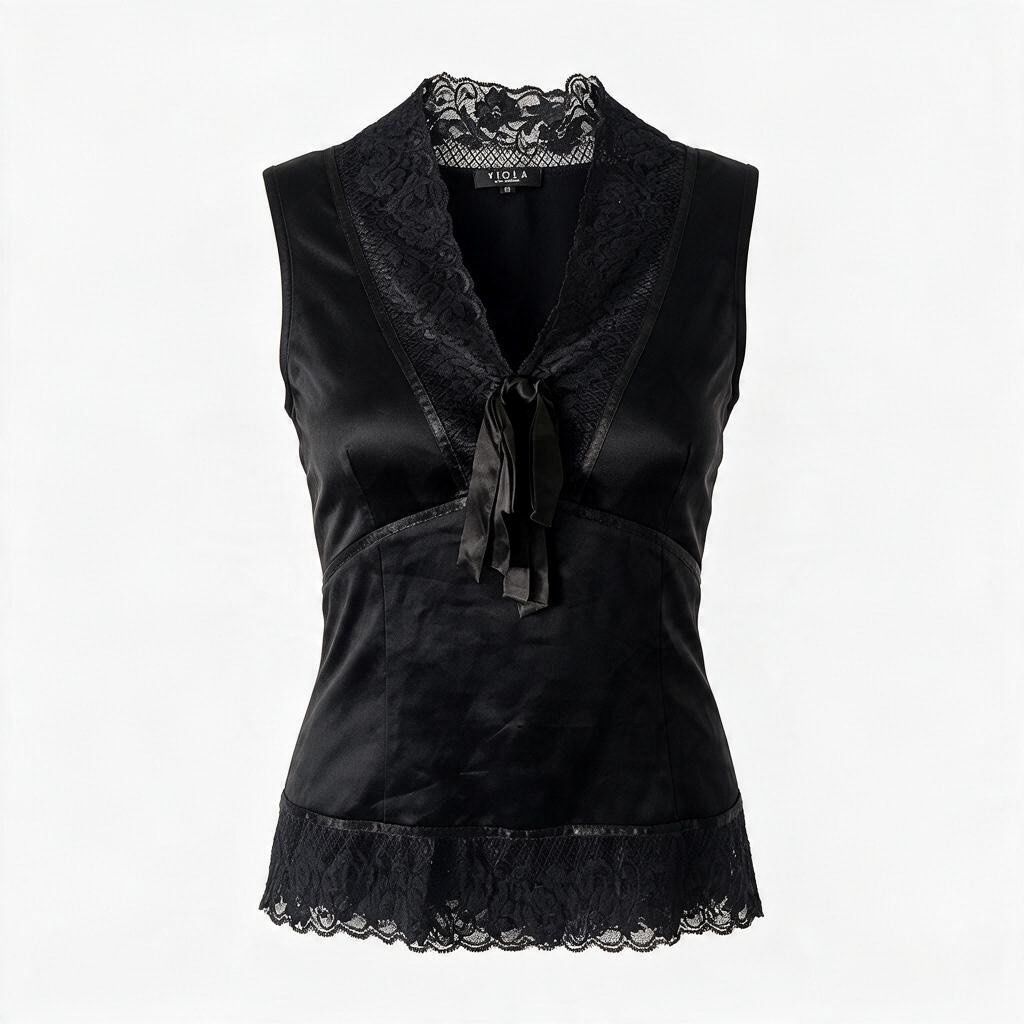Viola Black Lace Trim Sleeveless Top (Category: Sleeveless) located in Batangas. Submitted by wearmegals (Listing ID 1470817738, Image 1). Description: - Brand: Viola - Color: Classic Black - Style: Sleeveless top with satin-like fabric - Details: Intricate lace trim along V-neckline and bottom hem - Accent: Sweet front ribbon tie - Condition: Excellent / Like new - Mode of Payment: GCash, BPI, or Bank Transfer - Shipping: Via J&T Express .