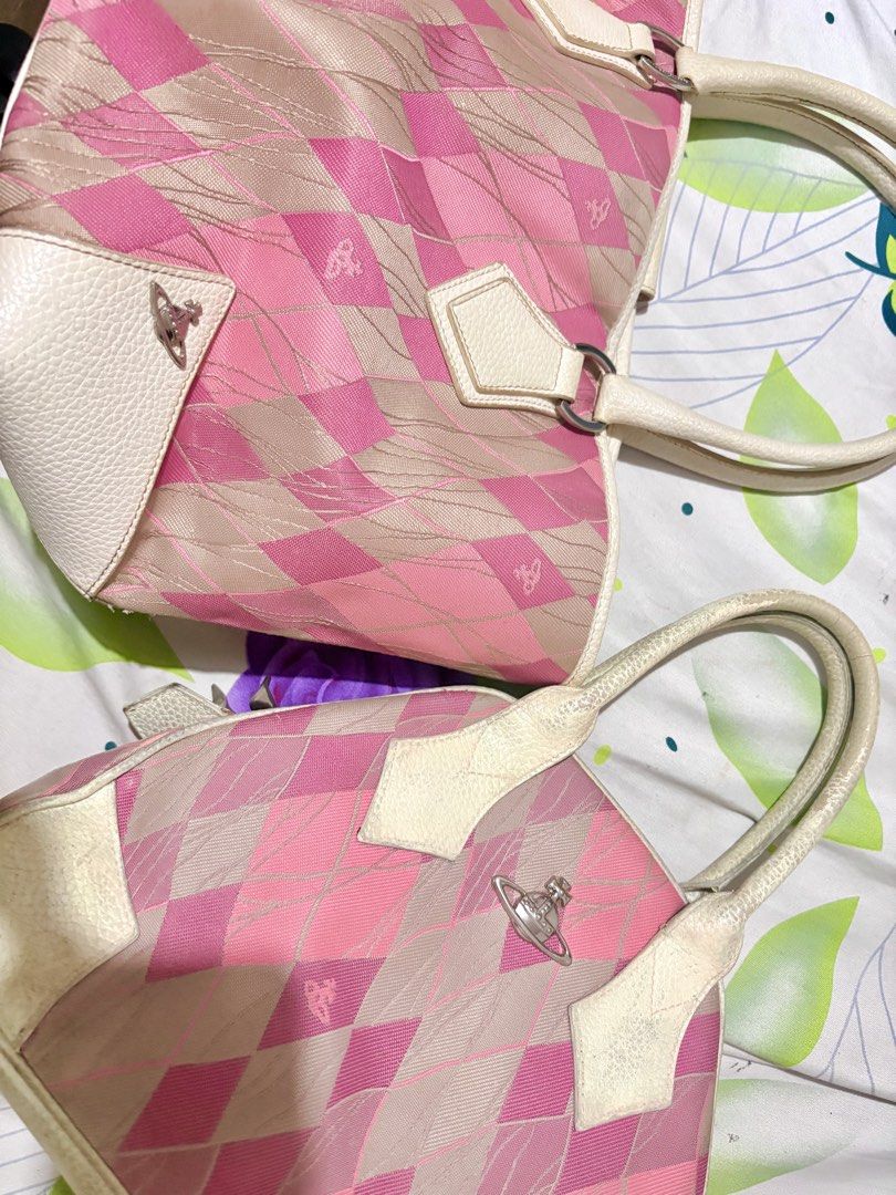Vivienne Westwood Pink Argyle Handbag (Category: Luxury Bags & Wallets) located in Manila. Submitted by theyenvytracyy (Listing ID 1470773385, Image 1). Description: - Pink and beige argyle pattern fabric bag - White textured leather straps and corner patches - Iconic silver orb logo on the front - Double handle design with silver-tone hardware rings - Handbag is sold - Very unique print and colorway - Clean inside and out, ready to use.