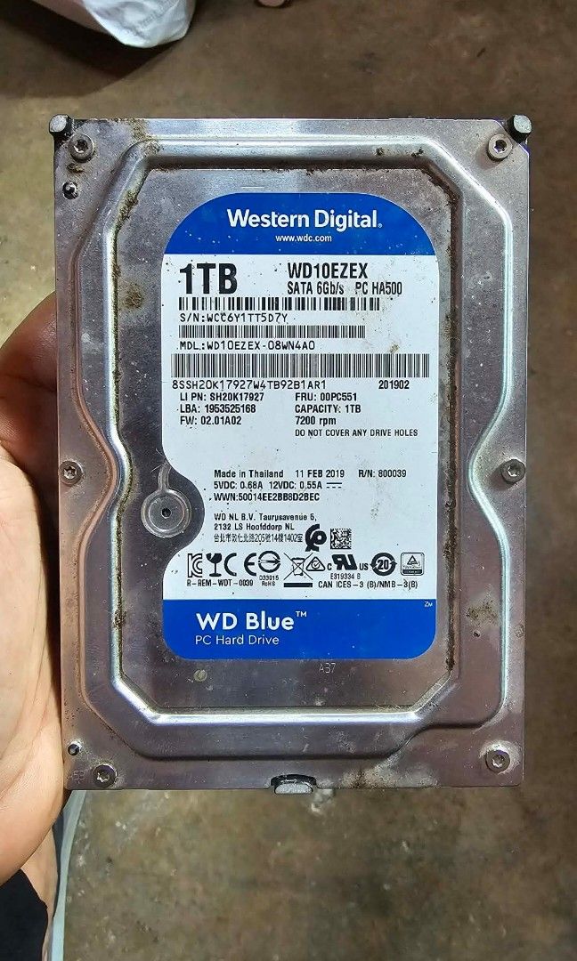 Western Digital (WD Blue) (Category: Hard Disks & Thumbdrives) located in Makati City. Submitted by alibaba_01 (Listing ID 1470791826, Image 1). Description: Brand: Western Digital (WD Blue) Model: WD10EZEX Capacity: 1TB Type: HDD (mechanical hard drive) Interface: SATA 6Gb/s Speed: 7,200 RPM Manufactured: February 11, 2019 Size: 3.5-inch desktop hard drive.
