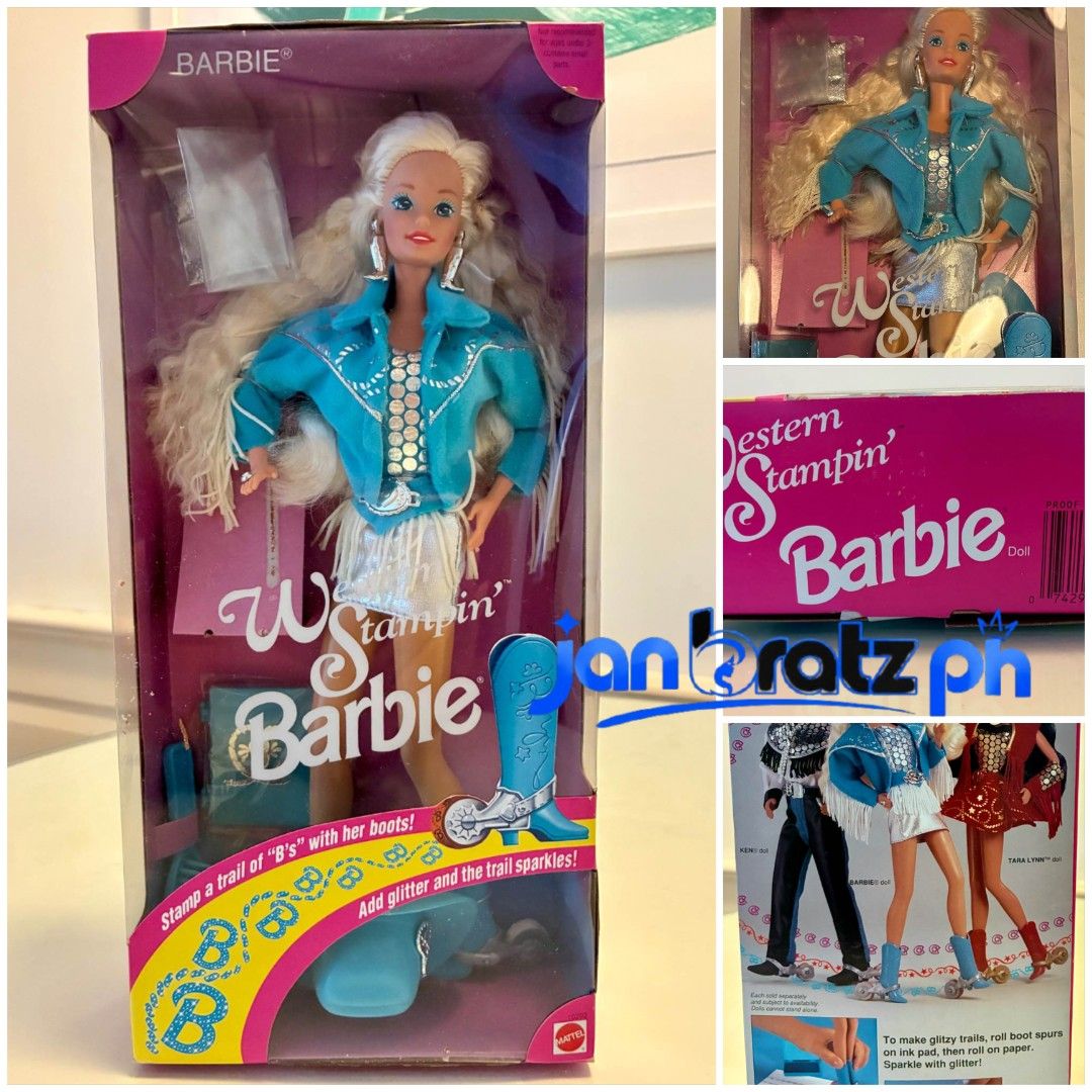 Western Stampin Barbie ‘93 (Category: Plushies & Soft Toys) located in Pili. Submitted by janbratzph (Listing ID 1470889840, Image 1). Description: NOT ONHAND | PRE-ORDER ETA: November–December PRELOVED FROM AUSTRALIA Please manage your expectations — preloved item Vintage 1993 Western Stampin' Barbie New-in-box vintage Barbie doll with a western-themed outfit. Includes: ✅ Blue fringed jacket ✅ Silver sequined top & silver skirt ✅ Blue cowboy boo