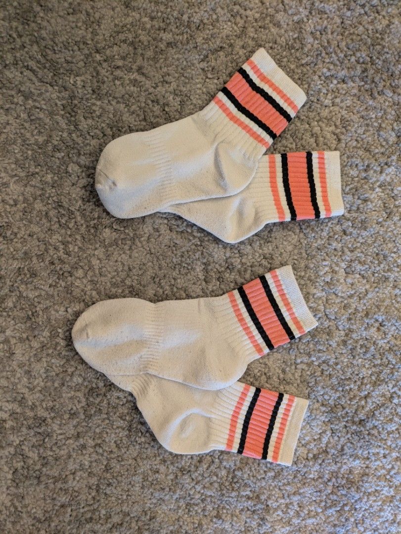 White Crew Socks With Pink And Black Stripes (Category: Socks & Tights) located in Manila. Submitted by dochju (Listing ID 1470790003, Image 1). Description: - Set of 2 pairs of white crew socks - Features stylish coral pink and black stripes on thick ribbed cuffs - Mid-calf height with reinforced heels and toes for durability - Soft and breathable cotton-blend fabric - Versatile basics ideal for casual outfits or sports wear.