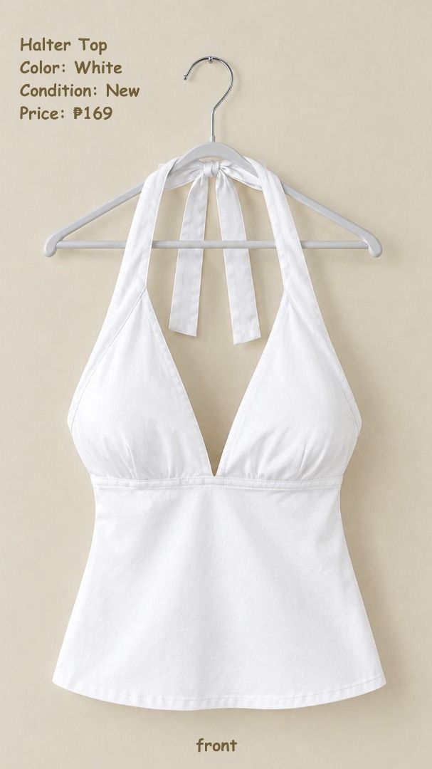 White Halter Top (Category: Sleeveless) located in Pasay City. Submitted by azestoreph (Listing ID 1470855693, Image 1). Description: MINE: 169 GRAB: 199 STEAL: 249 (automatically yours) - Condition: Brand new - Style: Halter top with plunging neckline and sleeveless cut - Fit & Comfort: Adjustable fabric neck ties and stretchy elasticized back band - Color: Clean solid white - Perfect for: Casual wear, beach days, or night outs.